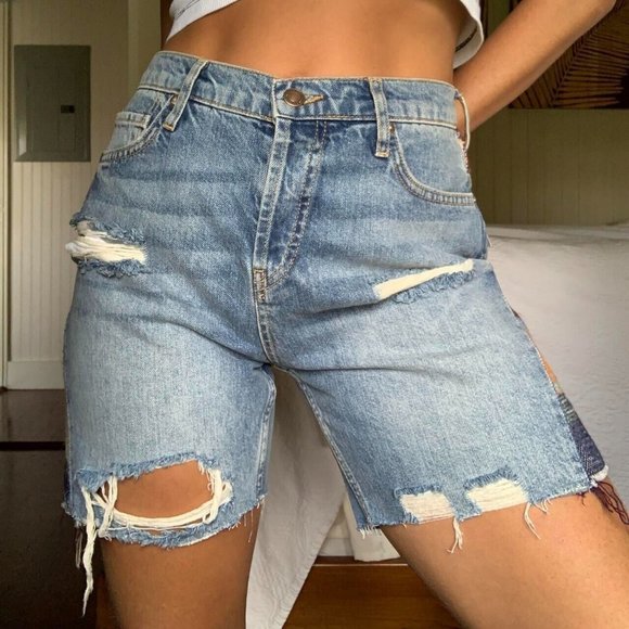 Free People Denim Shorts High Rise Blue Bermuda Distressed Tribal - Picture 1 of 12